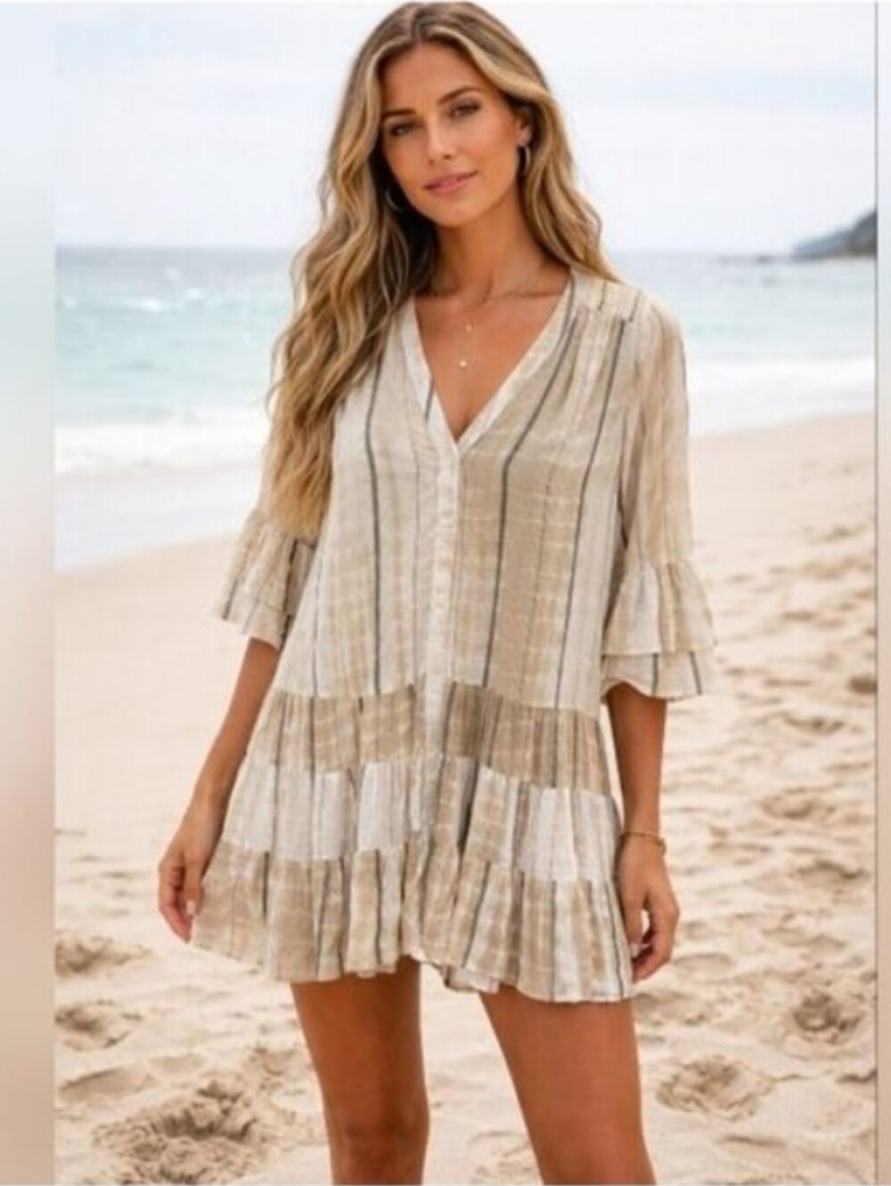 Spiaggia Dolce Striped Beige and White Ruffle Beach Swim Coverup Dress XS